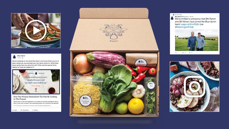 A collection of Blue Apron's advertising and content marketing examples.