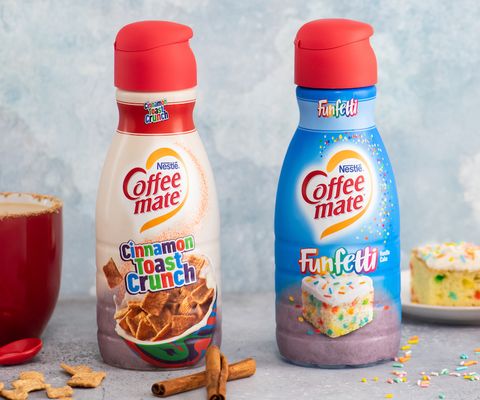 An advertisement for Coffeemate's launch of Cinnamon Toast Crunch and Funfetti flavored coffee creamer.