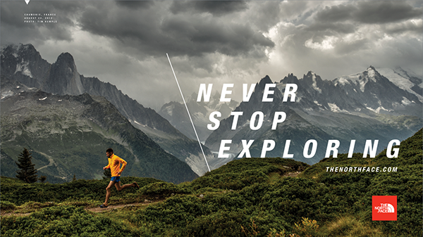 An ad from The North Face depicting a man running along a rugged, mountainous terrain.